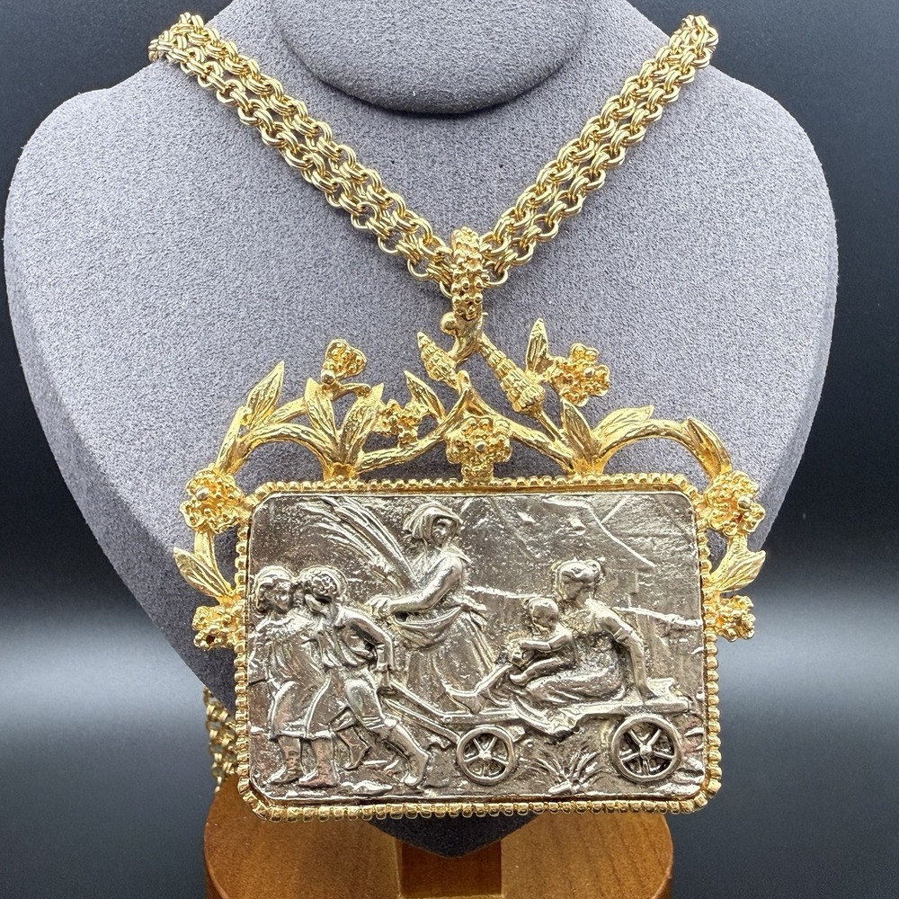 Vintage Gold Gilt Floral Frame Silver Tone Harvest Scene Pendant Necklace 25in